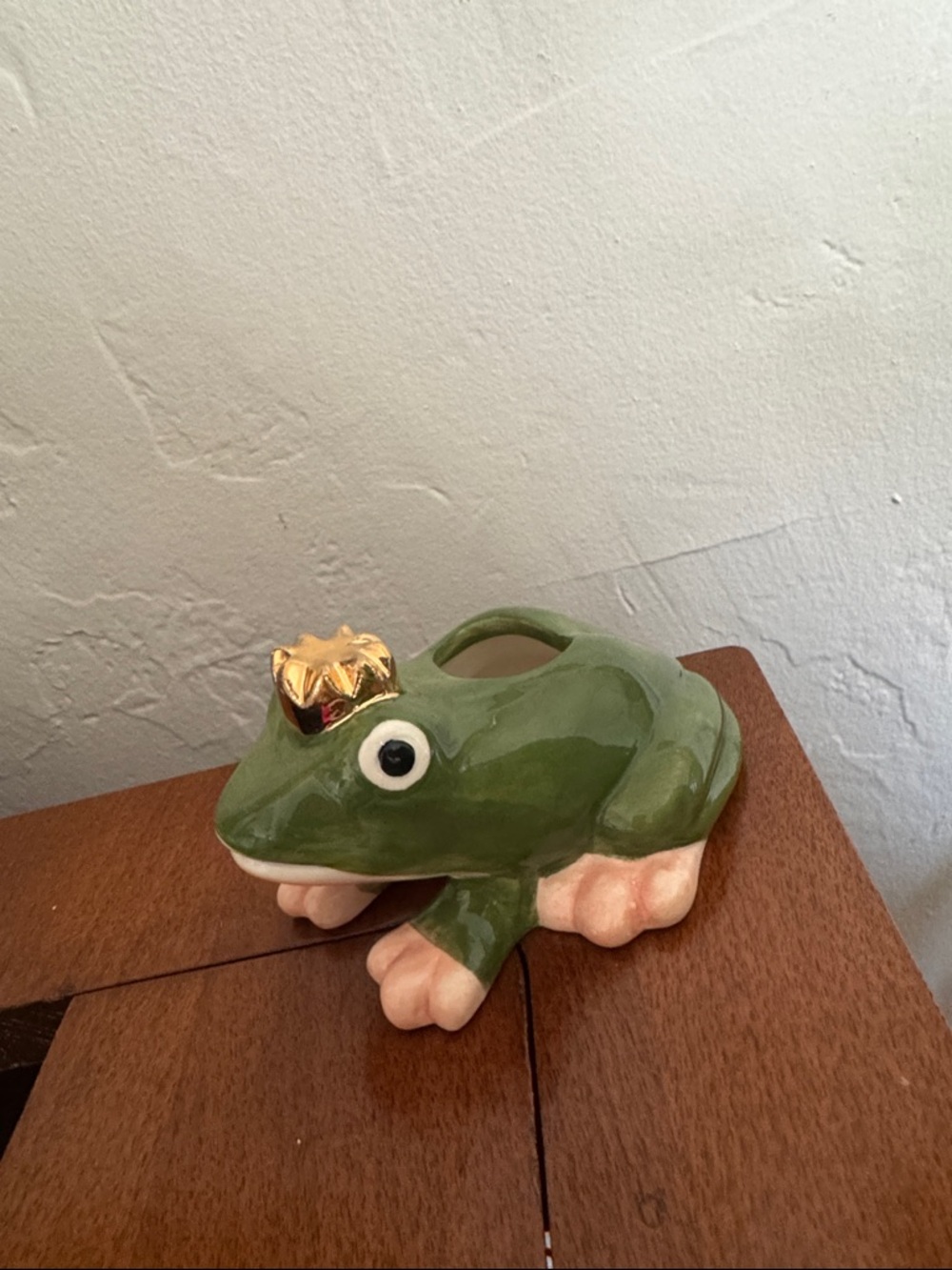 Ceramic Frog Figurine with Gold Crown - Green and Peach